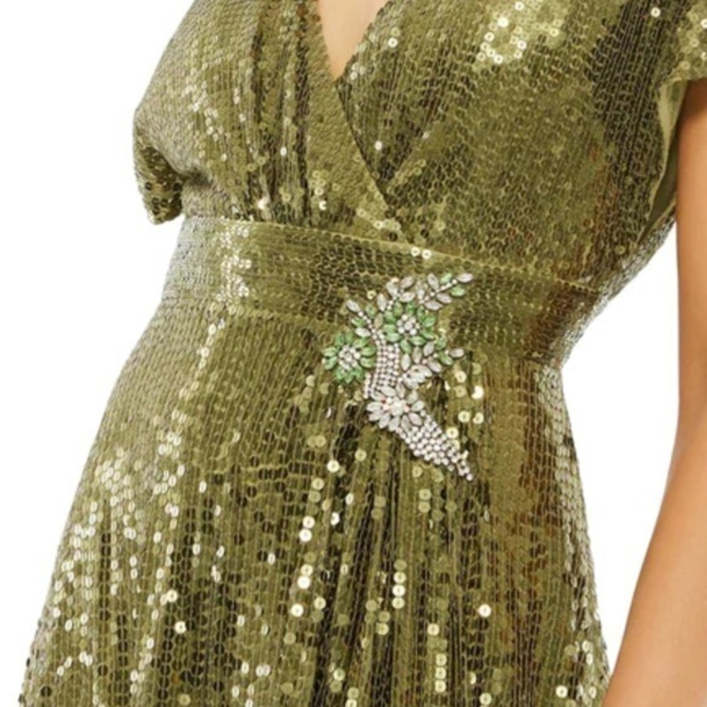$598 Mac Duggal Size 8 Green Sequin‎ V-Neck Flutter Sleeve Long Maxi Gown Dress - Picture 4 of 6